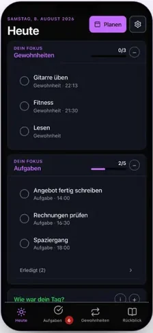Wholeward — Ansicht «Heute» mit Gewohnheiten und Aufgaben