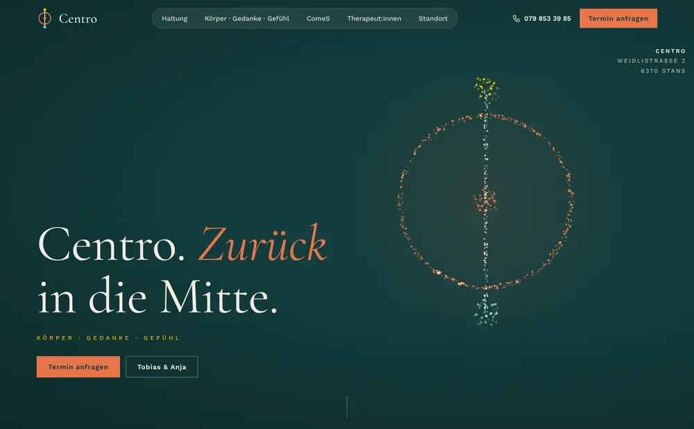 Centro Stans — Website mit dem Centro-Zeichen aus Lichtpunkten