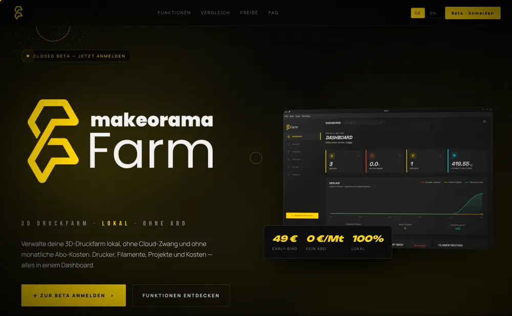 Make-o-Rama Farm — Website der Druckfarm-App mit Dashboard