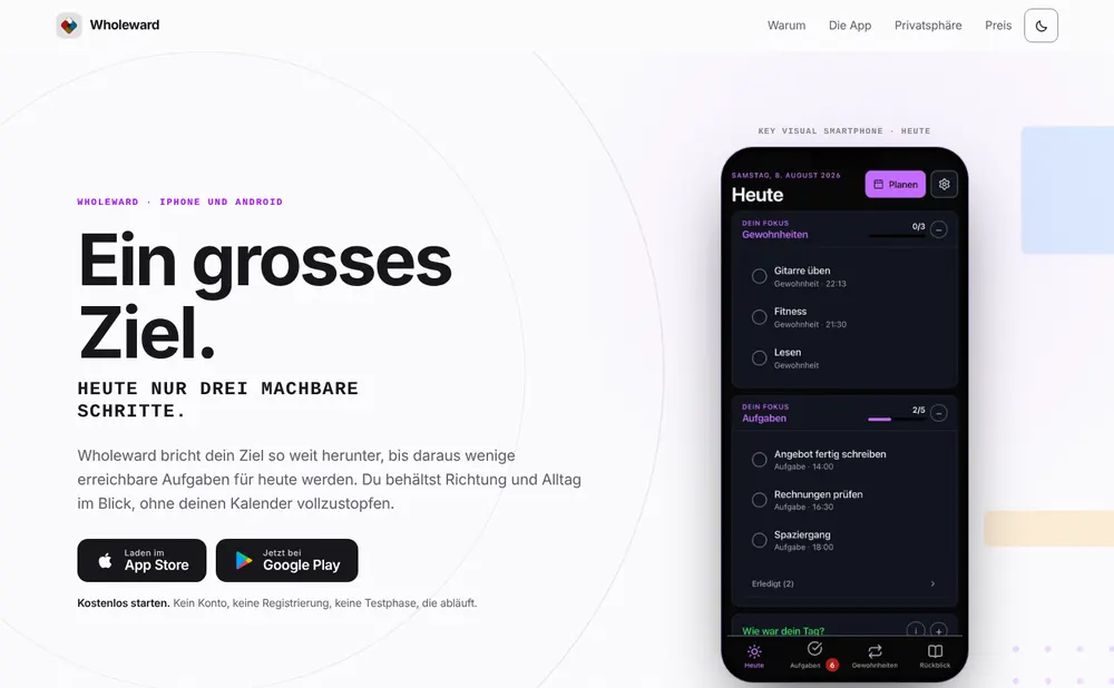 Wholeward — Website der Ziele-App mit Smartphone-Ansicht